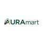 The AURA mart logo is displayed on a transparent checkered background. The logo features a dark green 'URA' and 'mart' text with a stylized 'A' incorporating a gold star and a red-and-gold shopping bag icon.